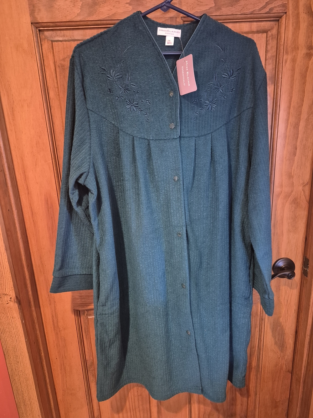 Miss Elaine Teal Button-Front Embroidered Long Robe